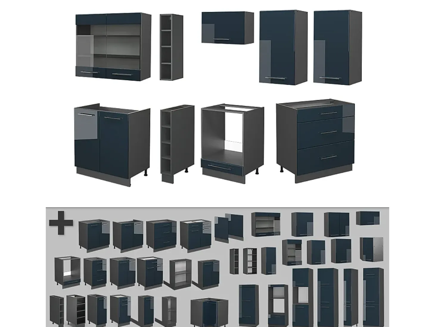 Mueble de cocina azul oscuro alto brillo/antracita 235x60x81.6 fame-line