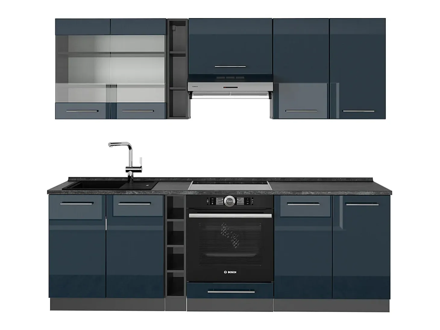 Mueble de cocina azul oscuro alto brillo/antracita 235x60x81.6 fame-line