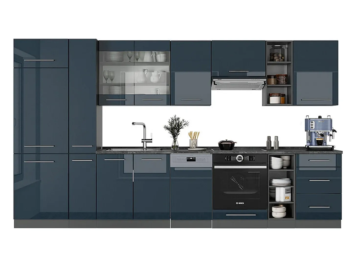 Mueble de cocina azul oscuro alto brillo/antracita 355x60x81.6 fame-line
