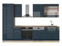 Mueble de cocina azul oscuro alto brillo/roble dorado 300x46x81.6 fame-line