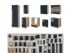 Mueble de cocina azul oscuro alto brillo/roble dorado 300x46x81.6 fame-line