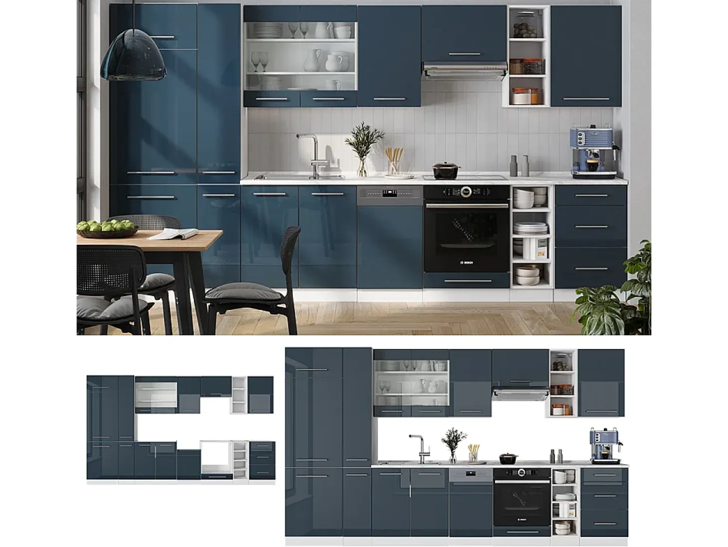 Mueble de cocina azul oscuro alto brillo 355x46x81.6 fame-line