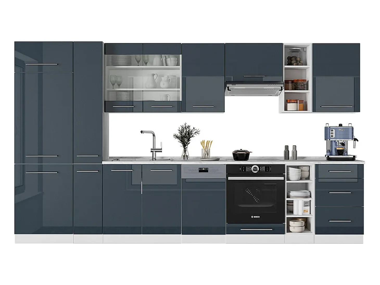 Mueble de cocina azul oscuro alto brillo 355x46x81.6 fame-line