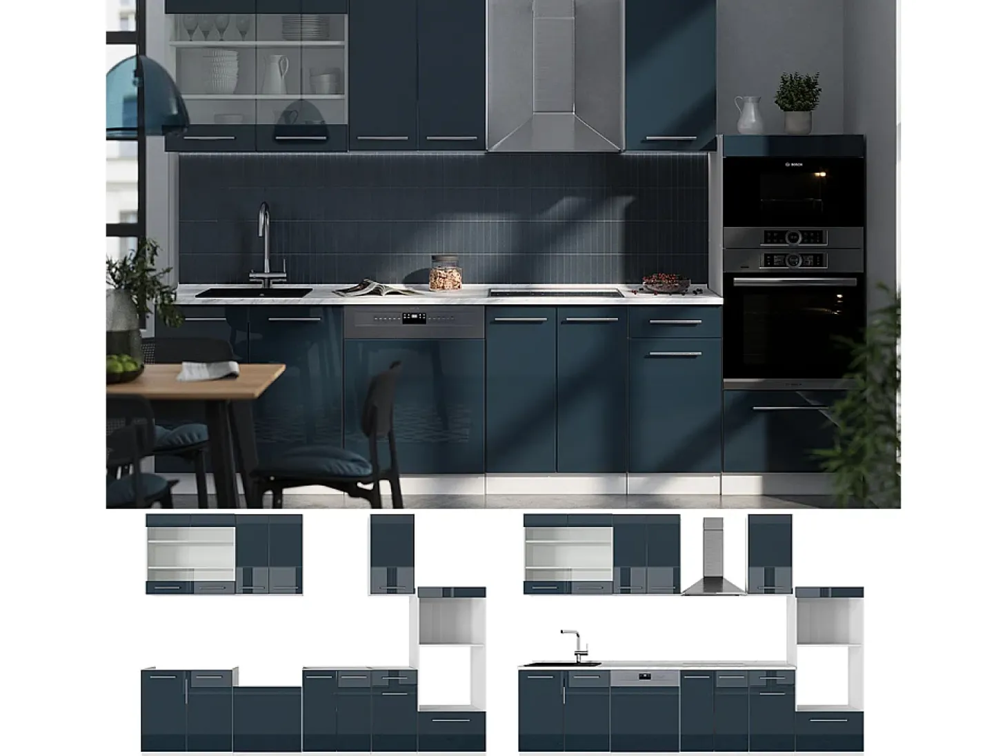 Mueble de cocina azul oscuro alto brillo/blanco 300x60x81.6 fame-line