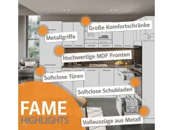 Mueble de cocina azul oscuro alto brillo/roble dorado 300x60x81.6 fame-line