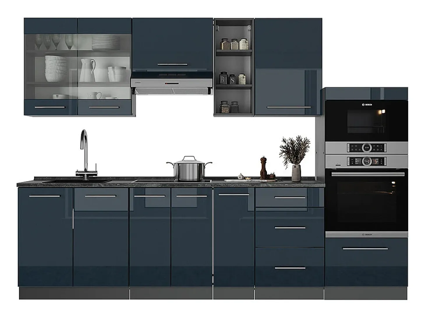 Mueble de cocina azul oscuro alto brillo/antracita 280x60x81.6 fame-line