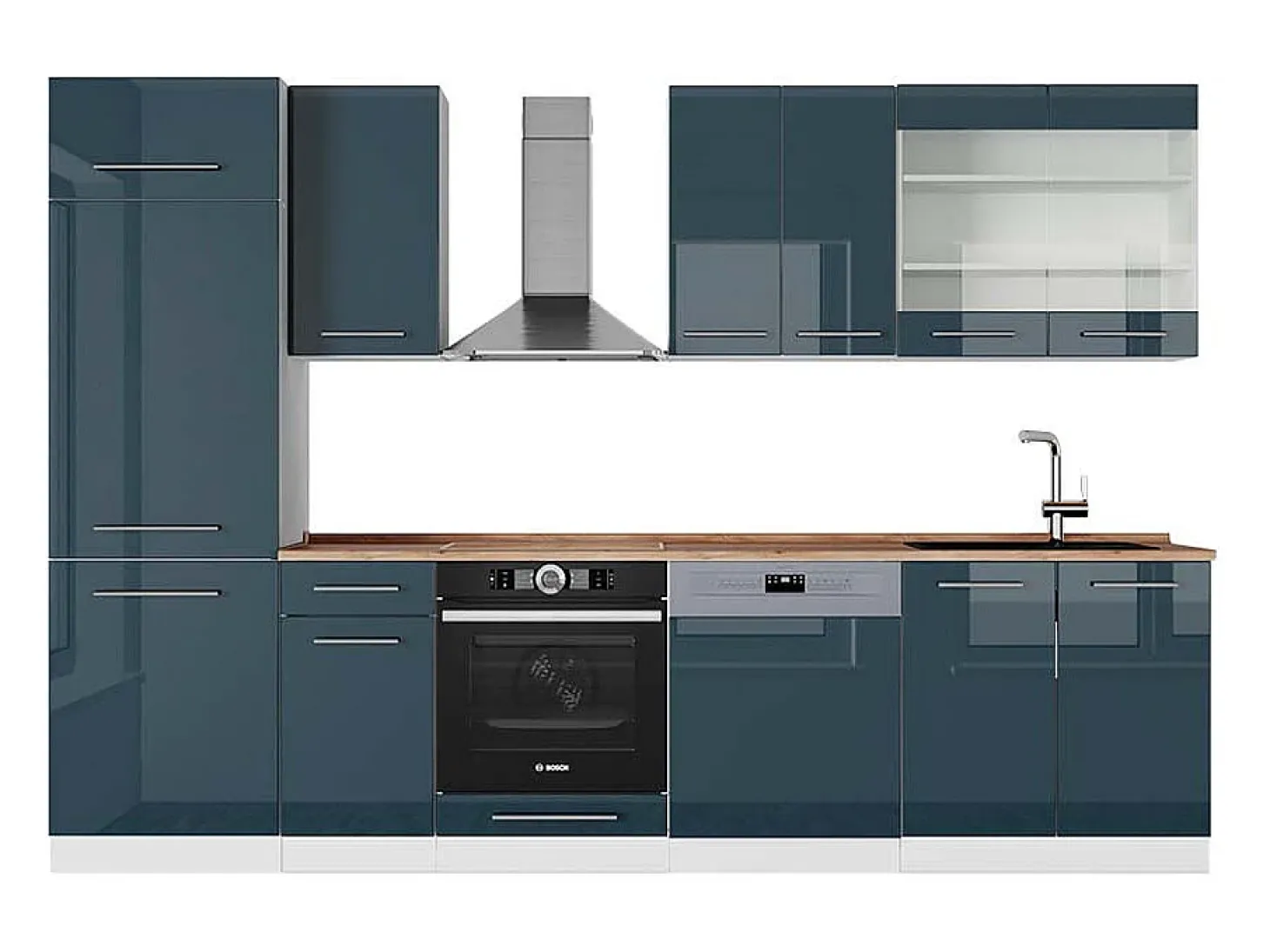 Mueble de cocina azul oscuro alto brillo/blanco 300x60x81.6 fame-line