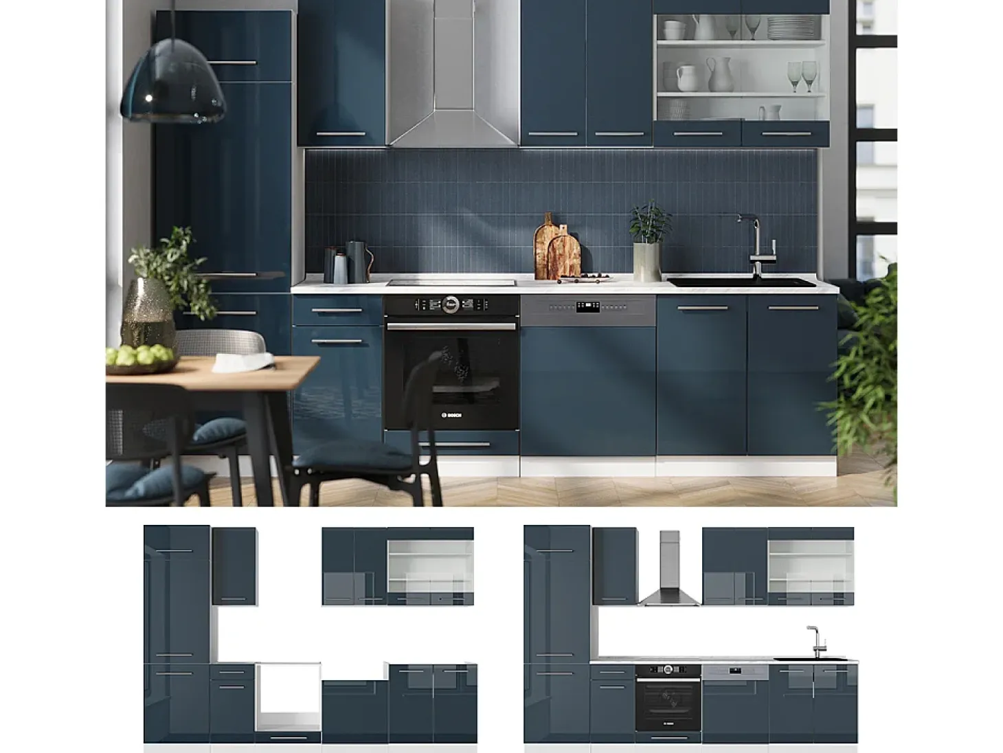 Mueble de cocina azul oscuro alto brillo/blanco 300x60x81.6 fame-line
