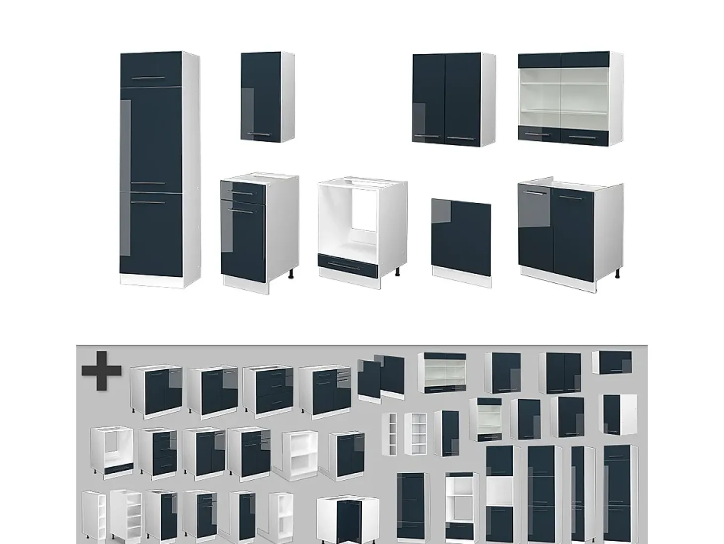 Mueble de cocina azul oscuro alto brillo/blanco 300x60x81.6 fame-line