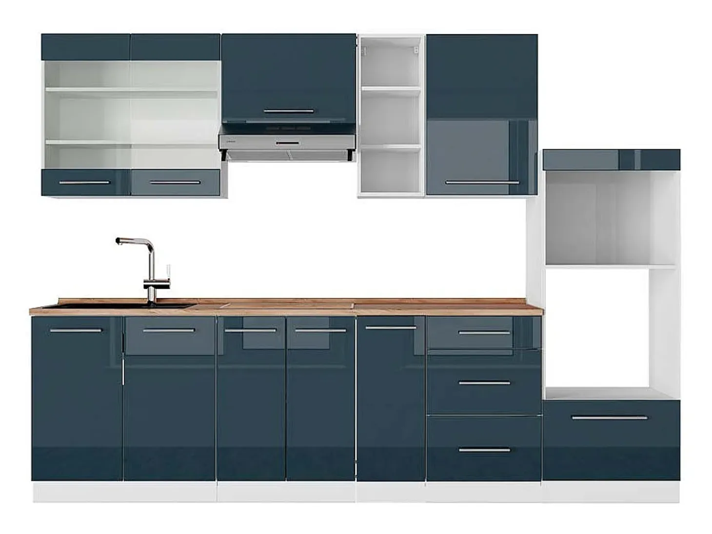 Mueble de cocina azul oscuro alto brillo/blanco 280x60x81.6 fame-line