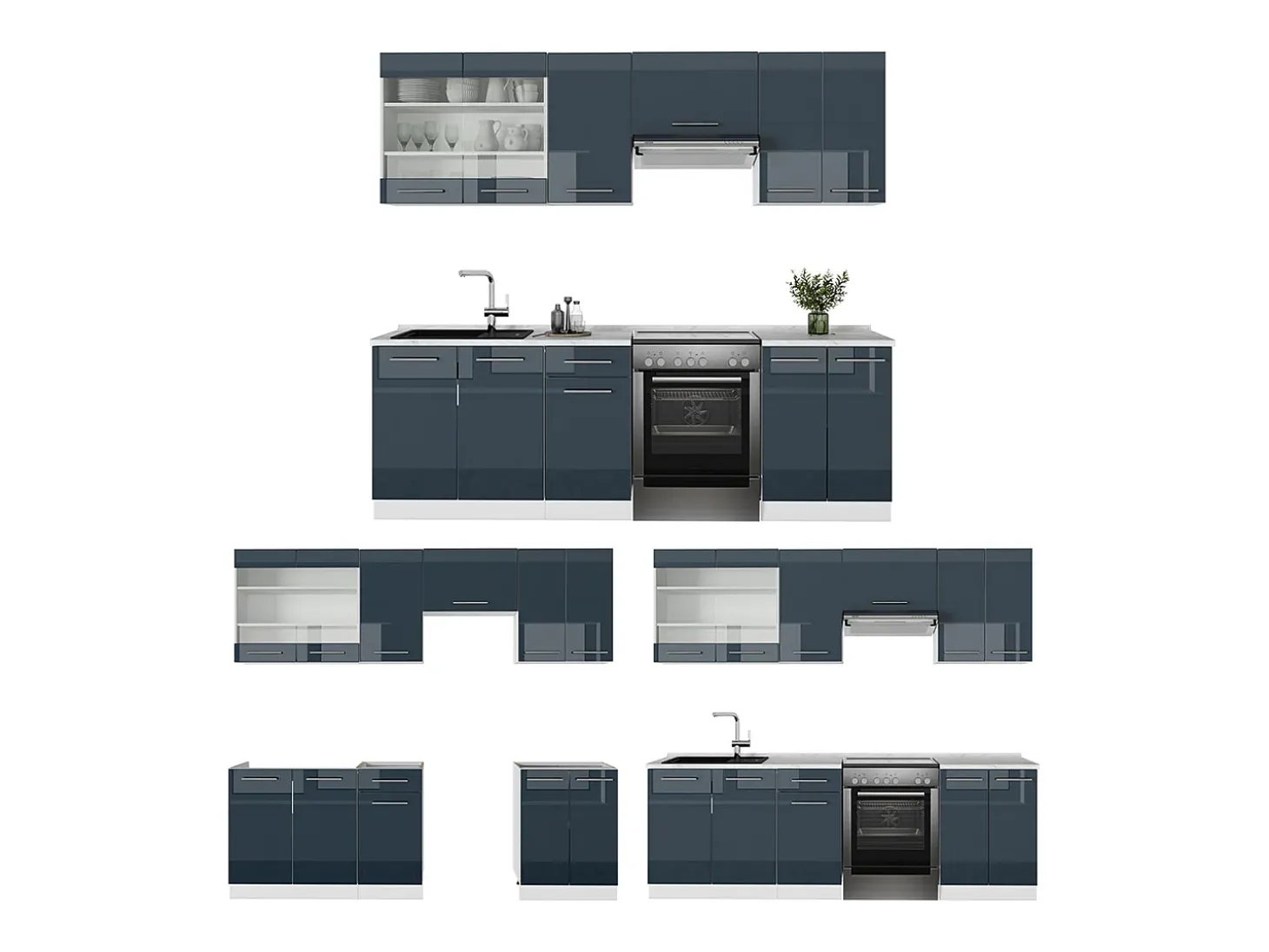 Mueble de cocina azul oscuro alto brillo/blanco 240x60x81.6 fame-line