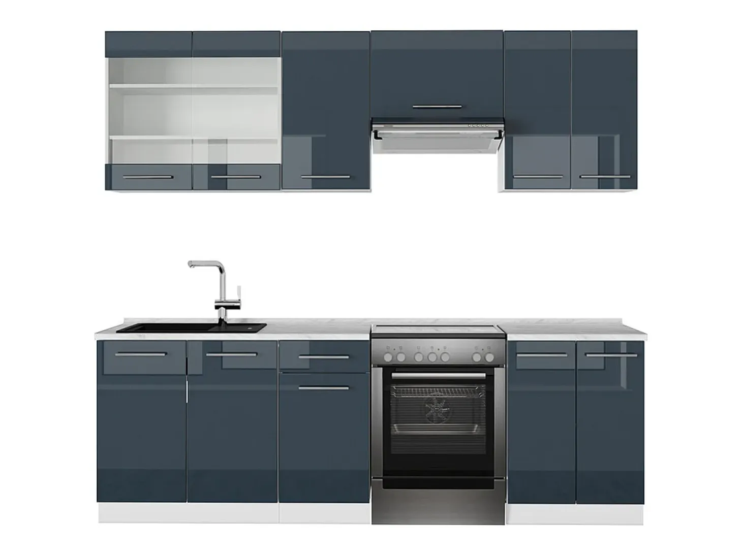 Mueble de cocina azul oscuro alto brillo/blanco 240x60x81.6 fame-line