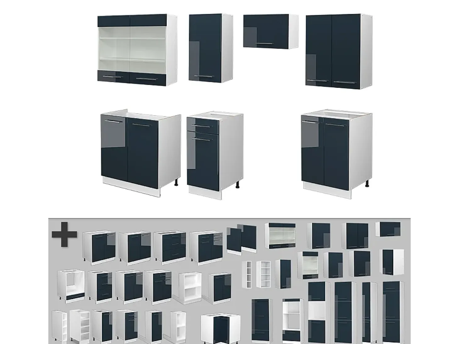 Mueble de cocina azul oscuro alto brillo/blanco 240x60x81.6 fame-line