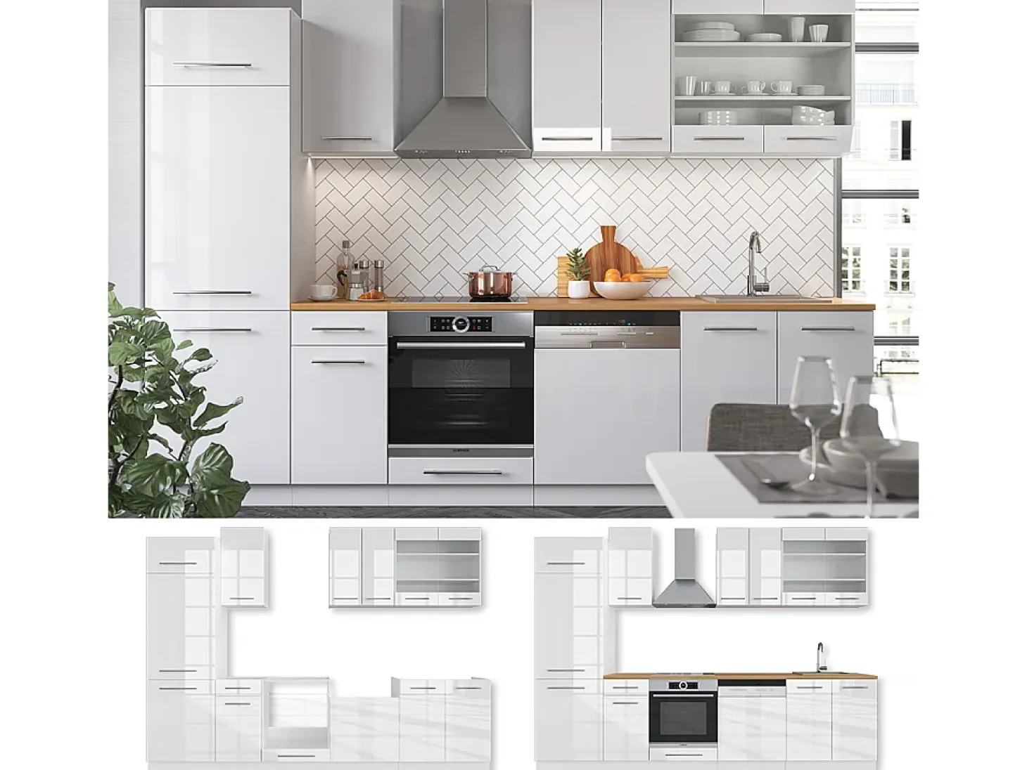 Mueble de cocina blanco alto brillo/blanco 300x60x81.6 fame-line