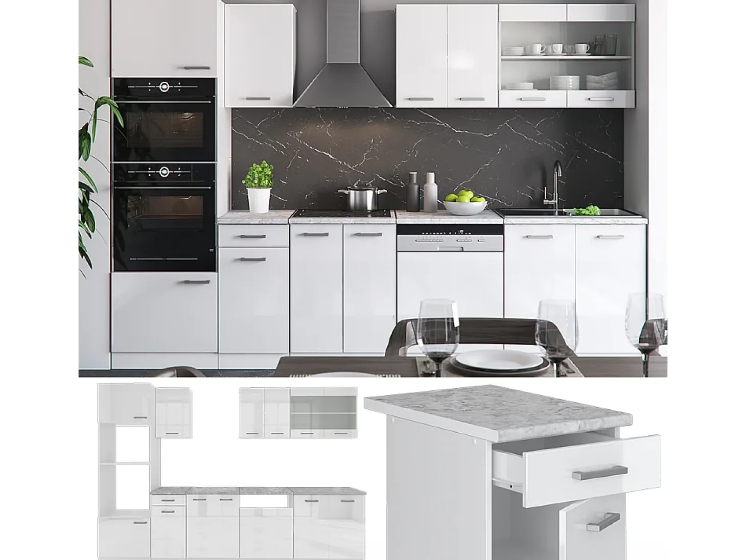Mueble de cocina blanco alto brillo/blanco 300x46x81.6 r-line