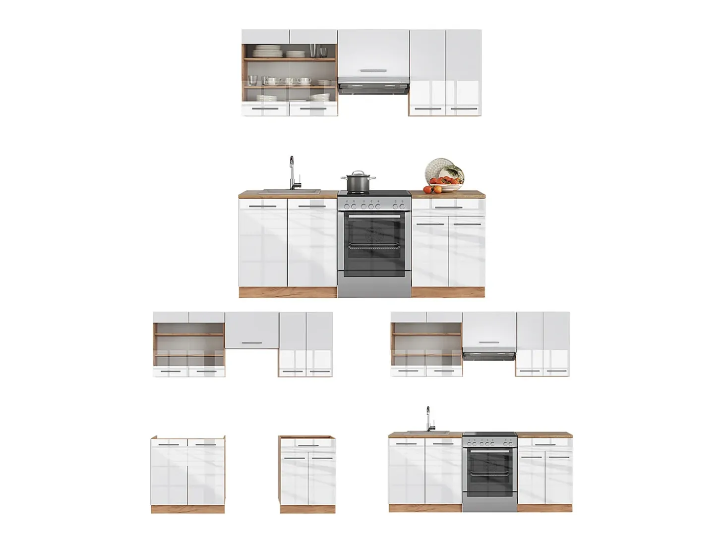 Mueble de cocina blanco brillo intenso/roble dorado 200x60x81.6 fame-line