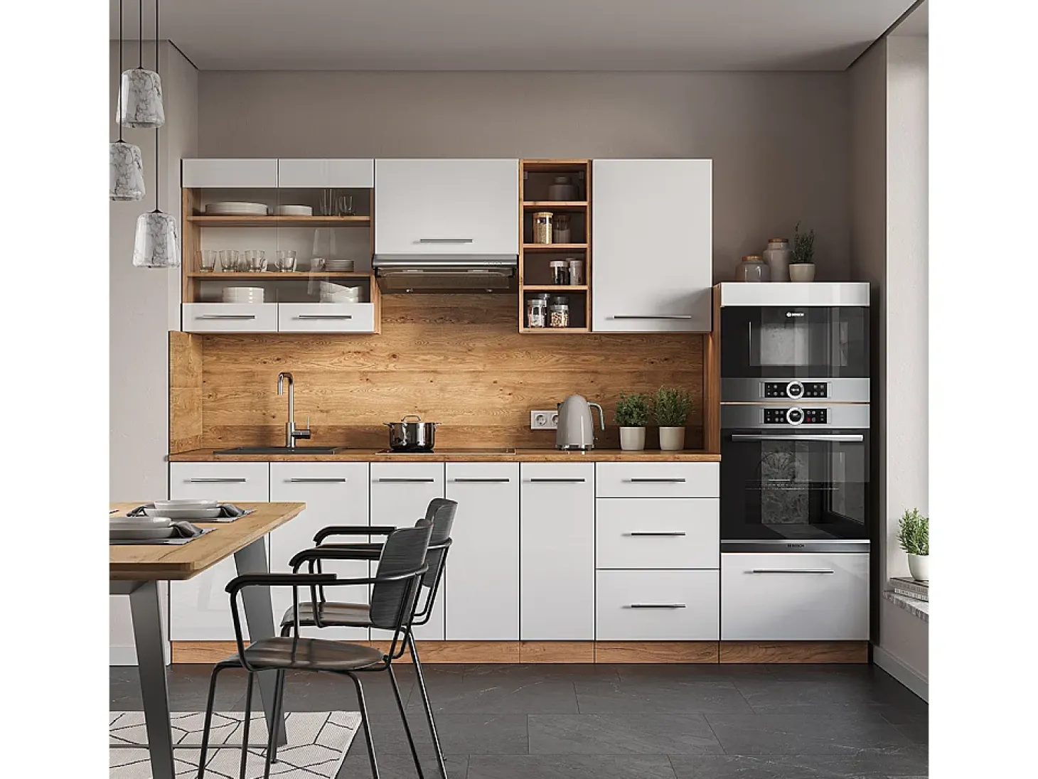 Mueble de cocina blanco brillo intenso/roble dorado 280x60x81.6 fame-line