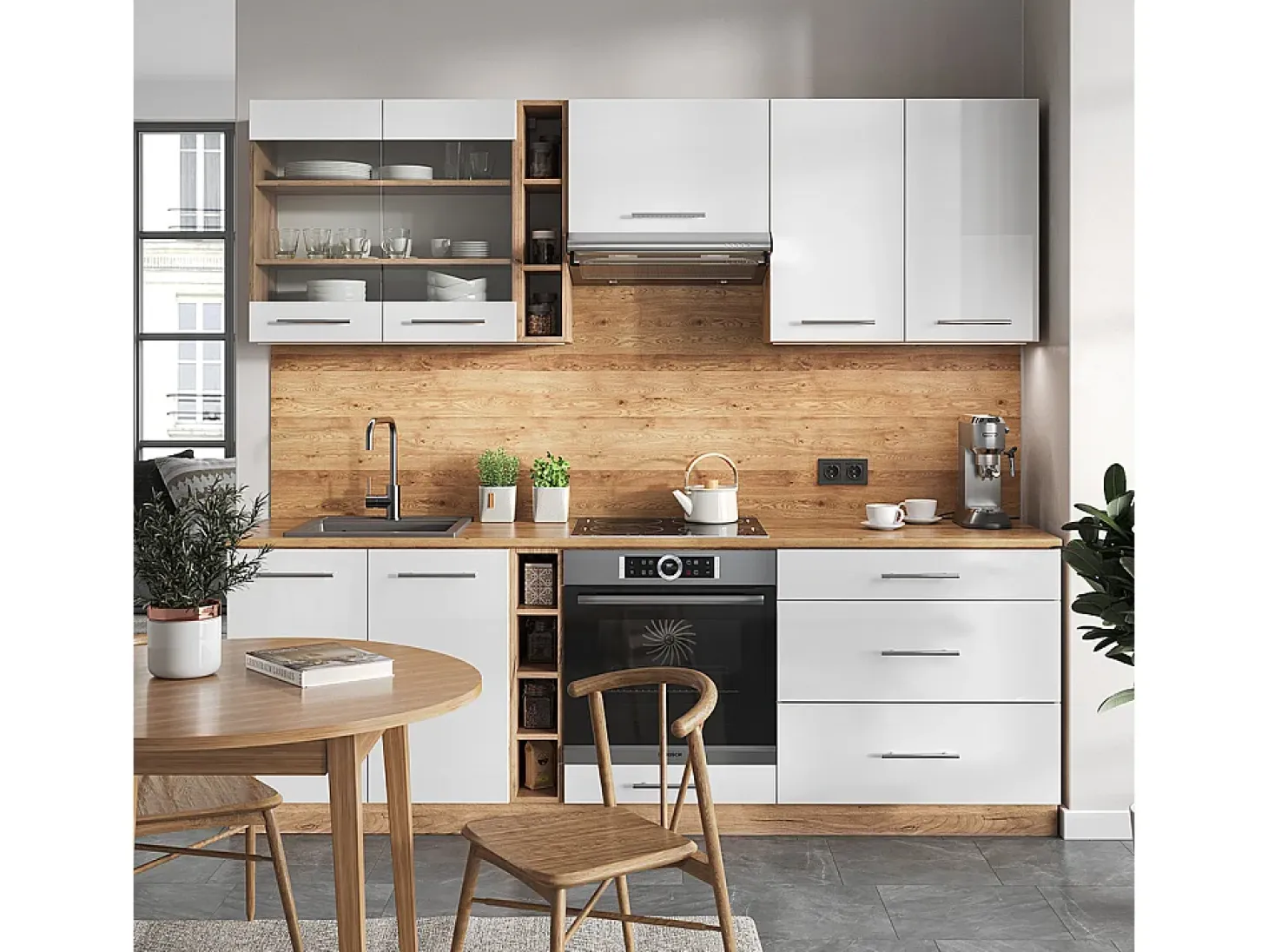 Mueble de cocina blanco brillo intenso/roble dorado 235x60x81.6 fame-line