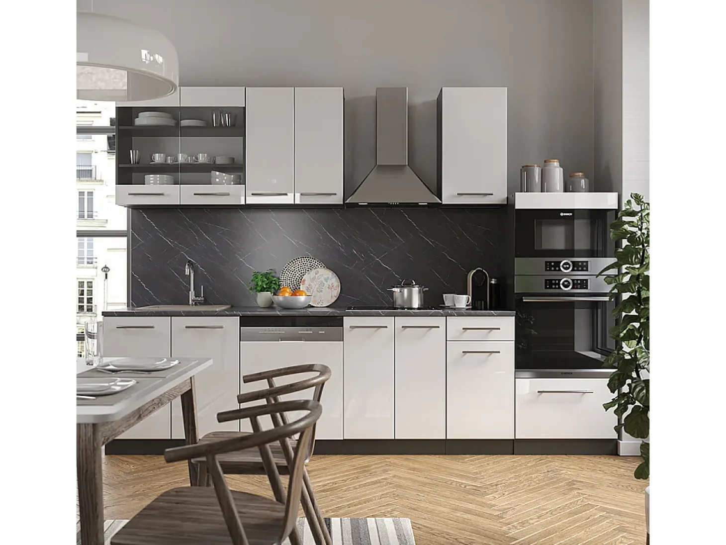 Mueble de cocina blanco brillo/antracita 300x60x81.6 fame-line
