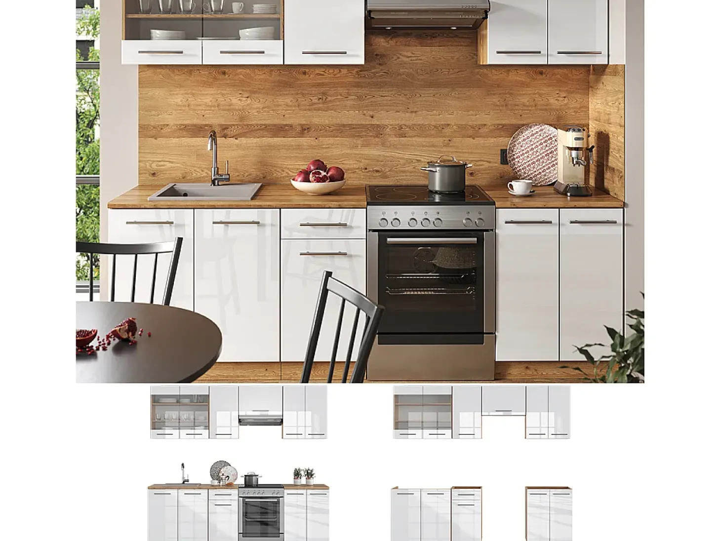 Mueble de cocina blanco brillo intenso/roble dorado 240x60x81.6 fame-line