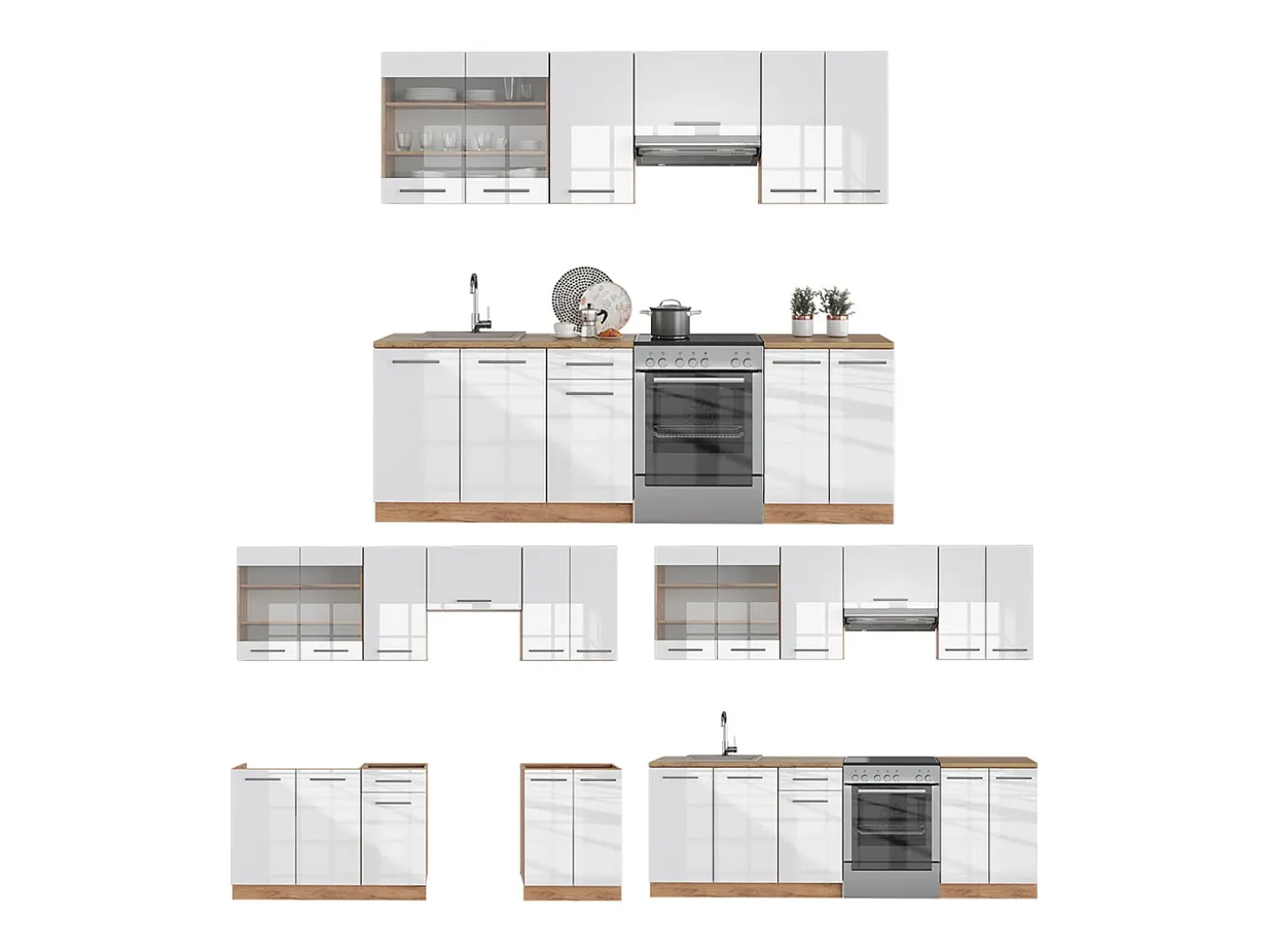Mueble de cocina blanco brillo intenso/roble dorado 240x60x81.6 fame-line