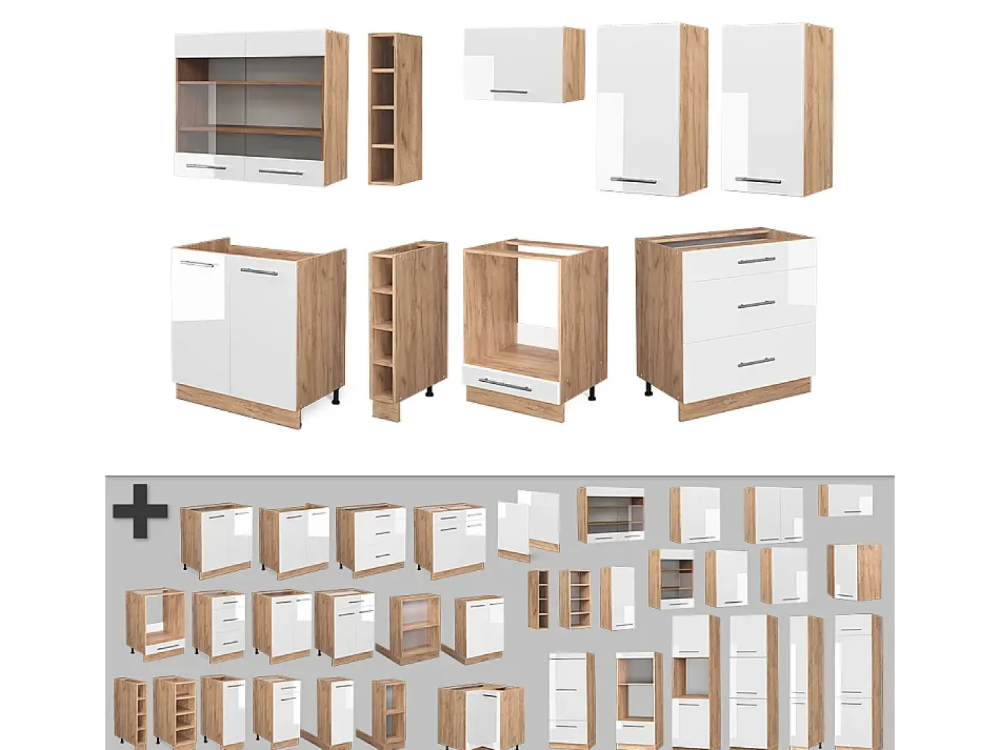 Mueble de cocina blanco brillo intenso/roble dorado 235x46x81.6 fame-line