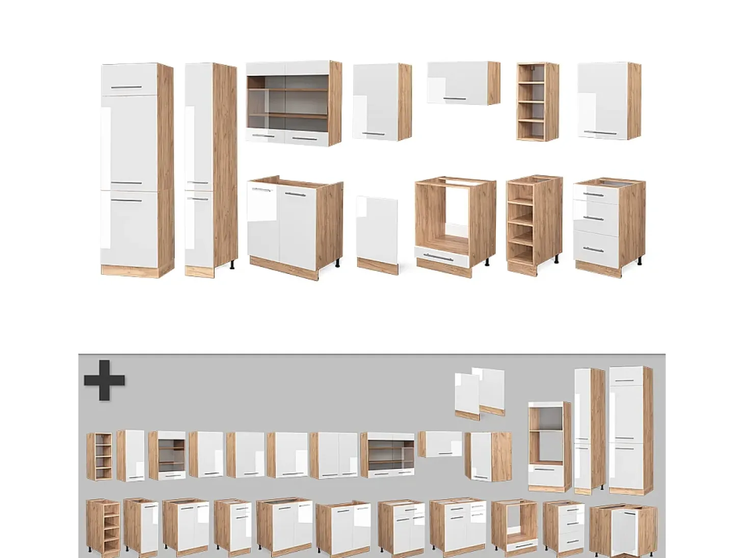 Mueble de cocina blanco brillo intenso/roble dorado 355x46x81.6 fame-line