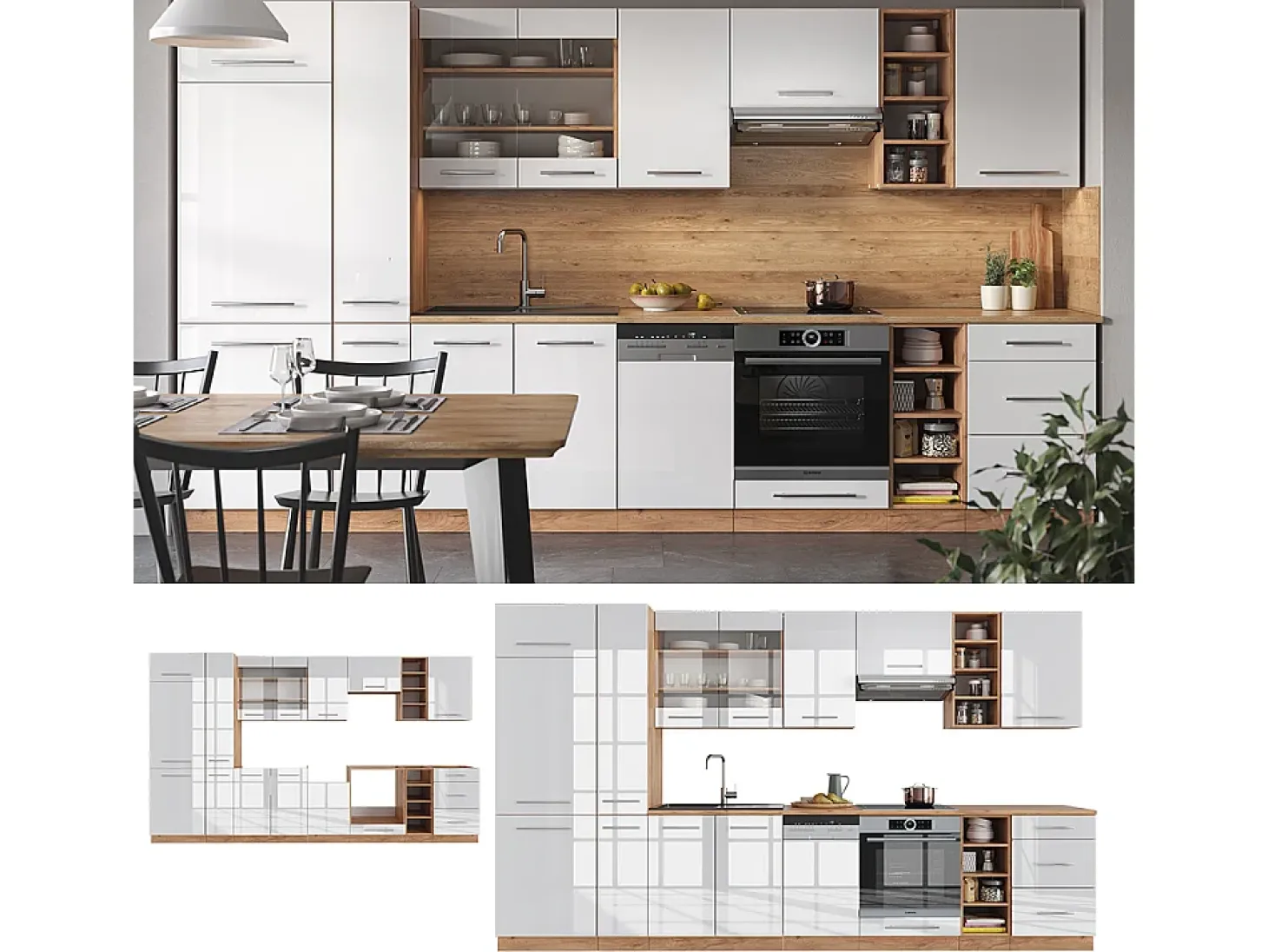 Mueble de cocina blanco brillo intenso/roble dorado 355x46x81.6 fame-line