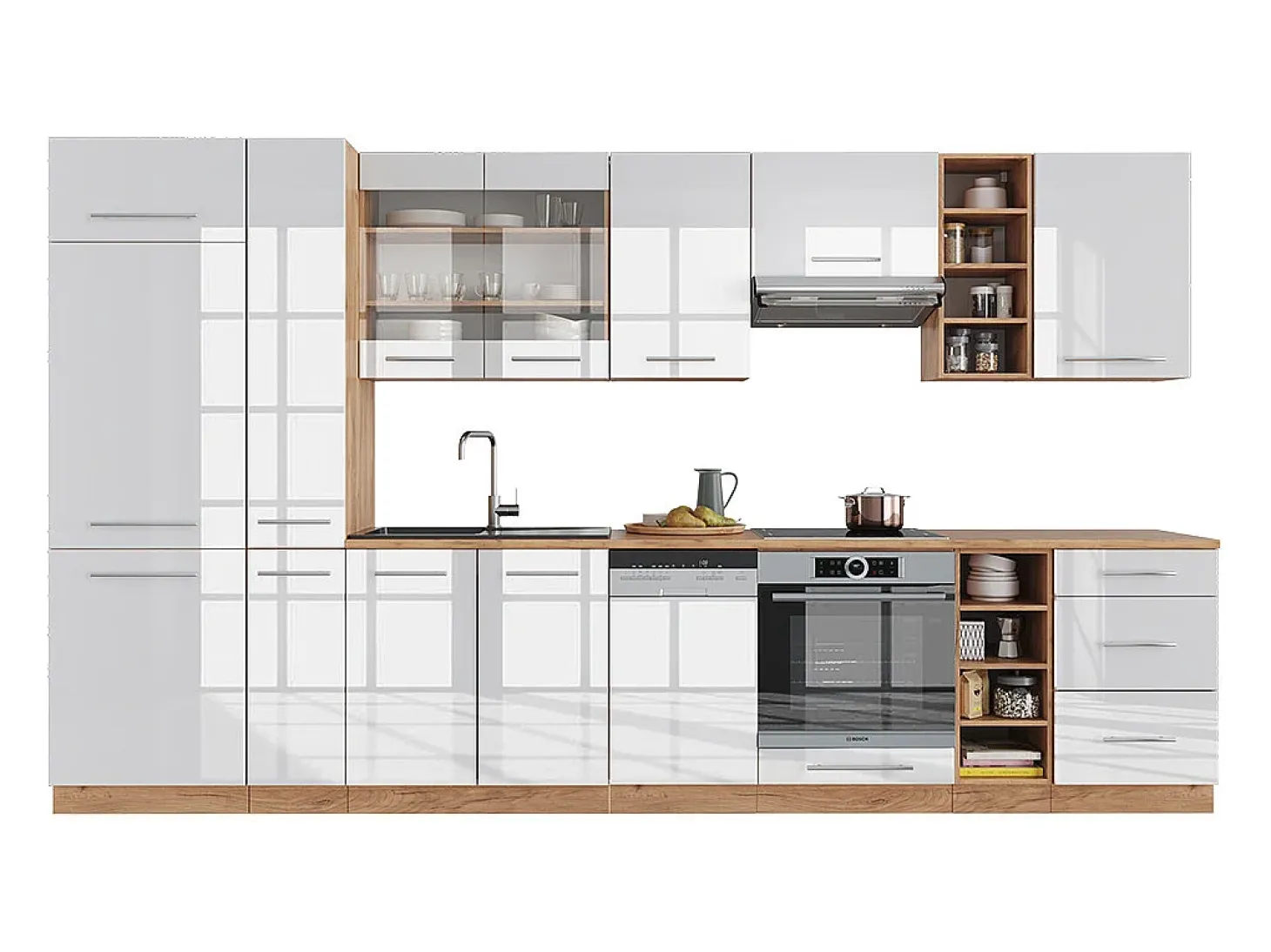 Mueble de cocina blanco brillo intenso/roble dorado 355x46x81.6 fame-line