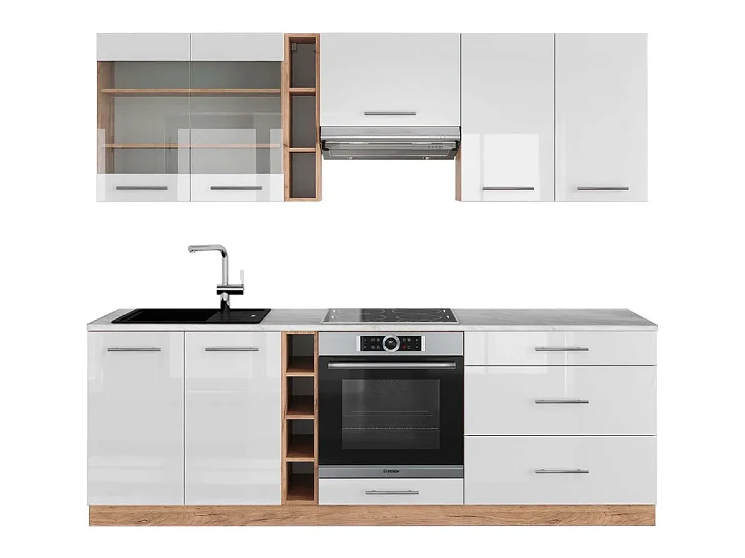 Mueble de cocina blanco brillo intenso/roble dorado 235x60x81.6 fame-line