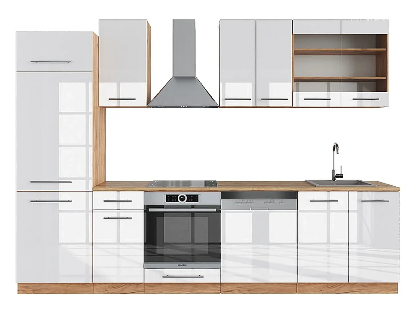 Mueble de cocina blanco brillo intenso/roble dorado 300x46x81.6 fame-line