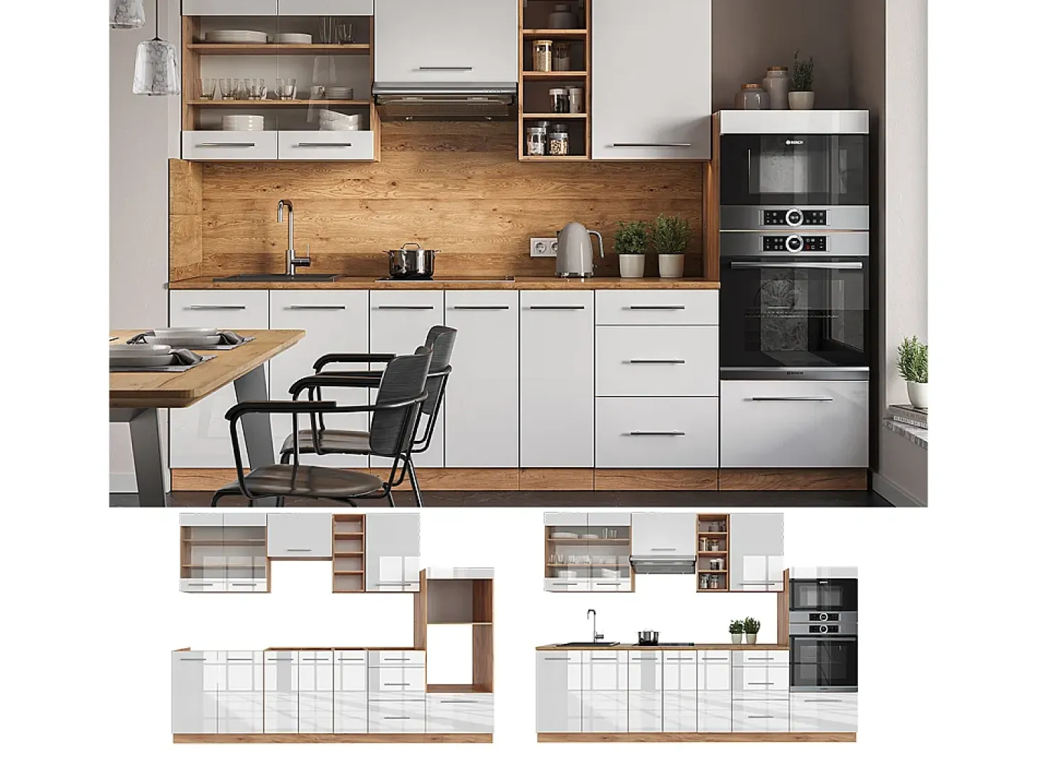 Mueble de cocina blanco brillo intenso/roble dorado 280x46x81.6 fame-line