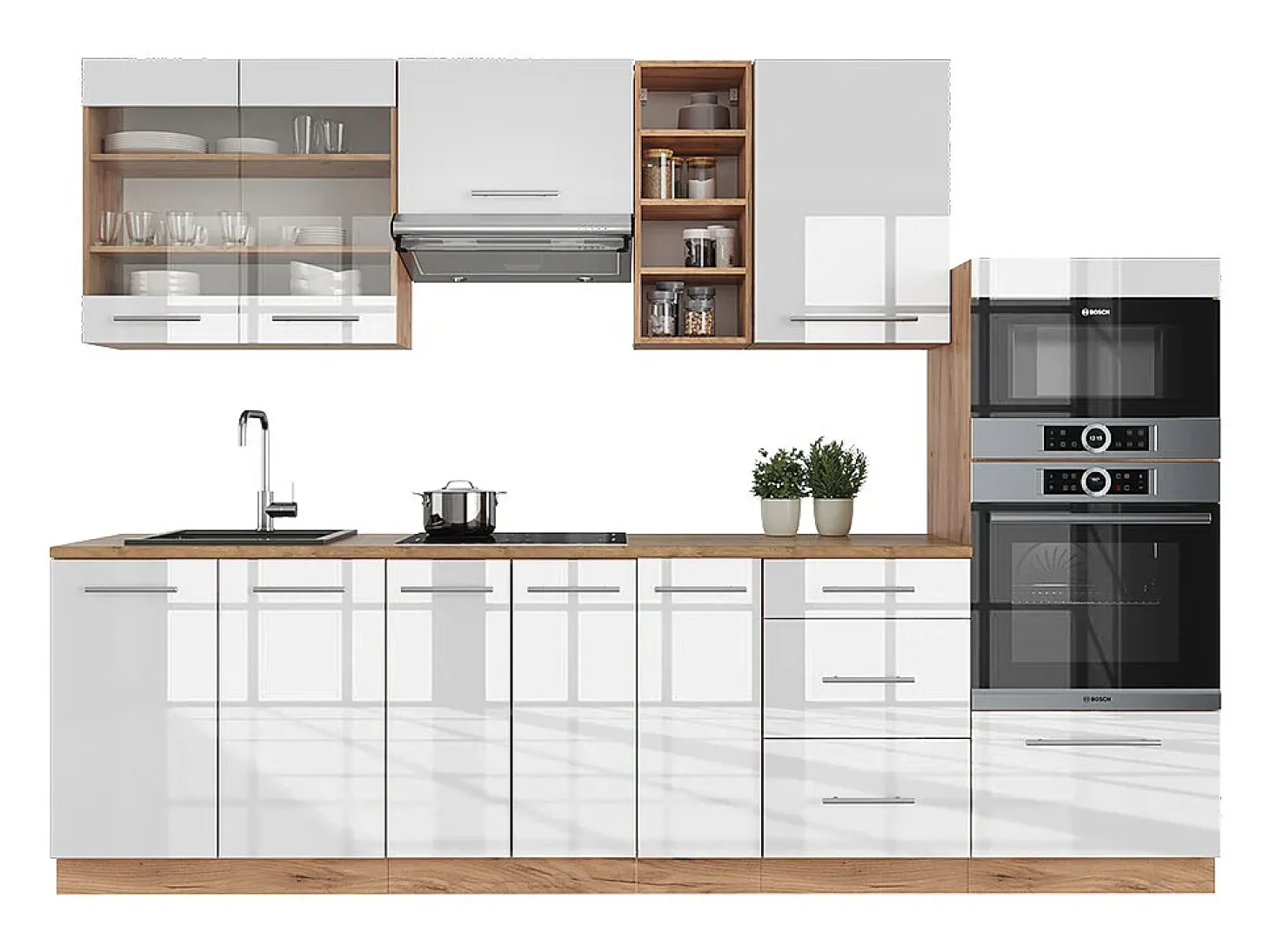 Mueble de cocina blanco brillo intenso/roble dorado 280x46x81.6 fame-line