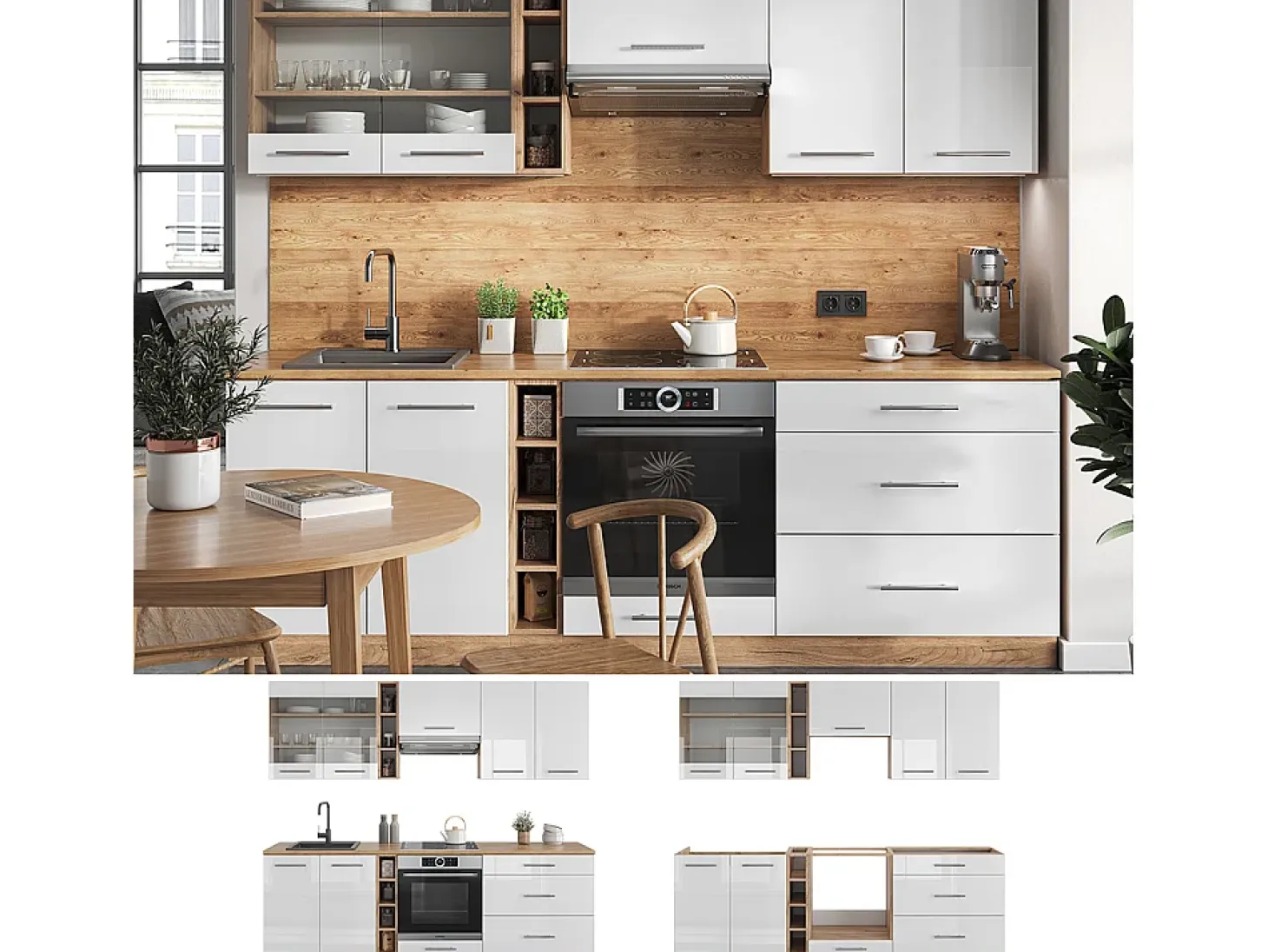Mueble de cocina blanco brillo intenso/roble dorado 235x60x81.6 fame-line