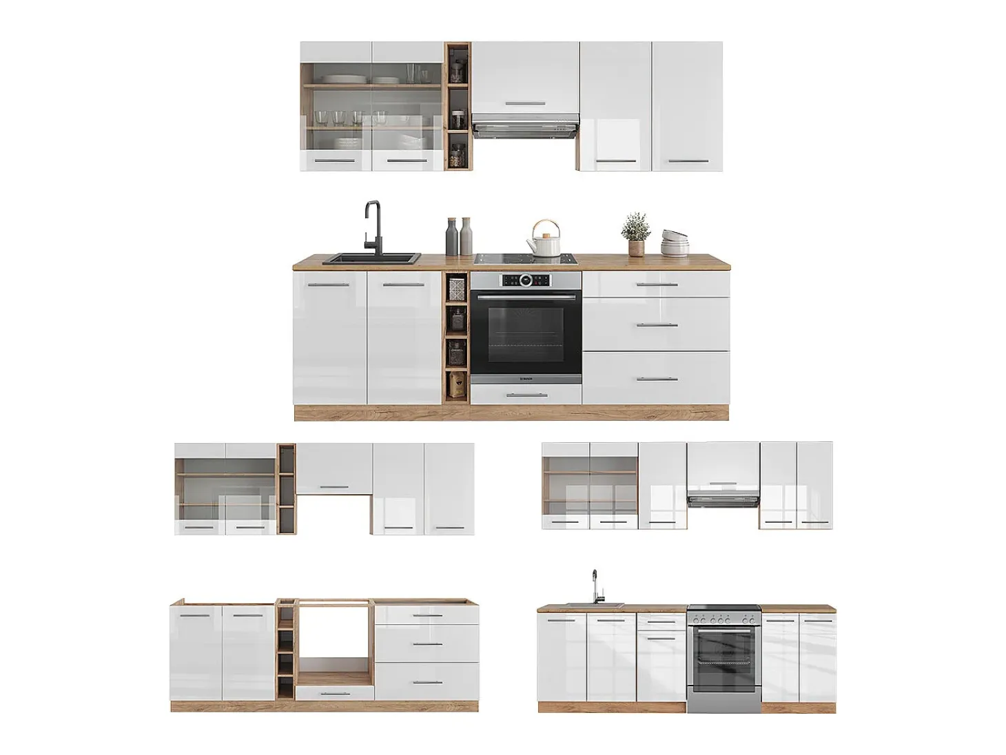Mueble de cocina blanco brillo intenso/roble dorado 235x60x81.6 fame-line