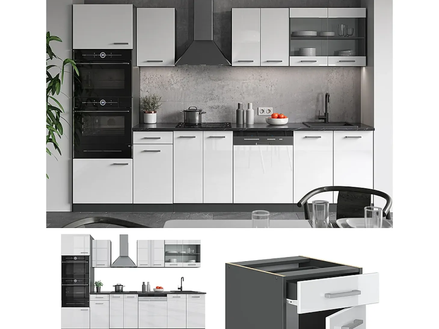 Mueble de cocina blanco brillo/antracita 300x46x81.6 r-line