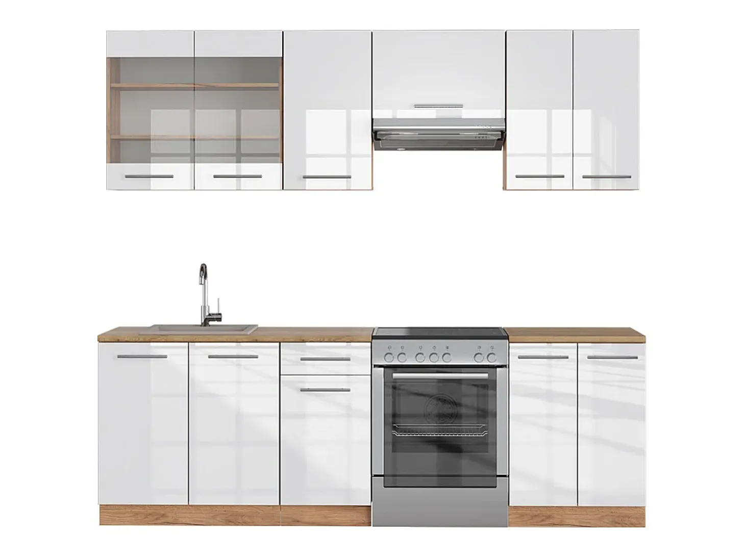 Mueble de cocina blanco brillo intenso/roble dorado 240x46x81.6 fame-line
