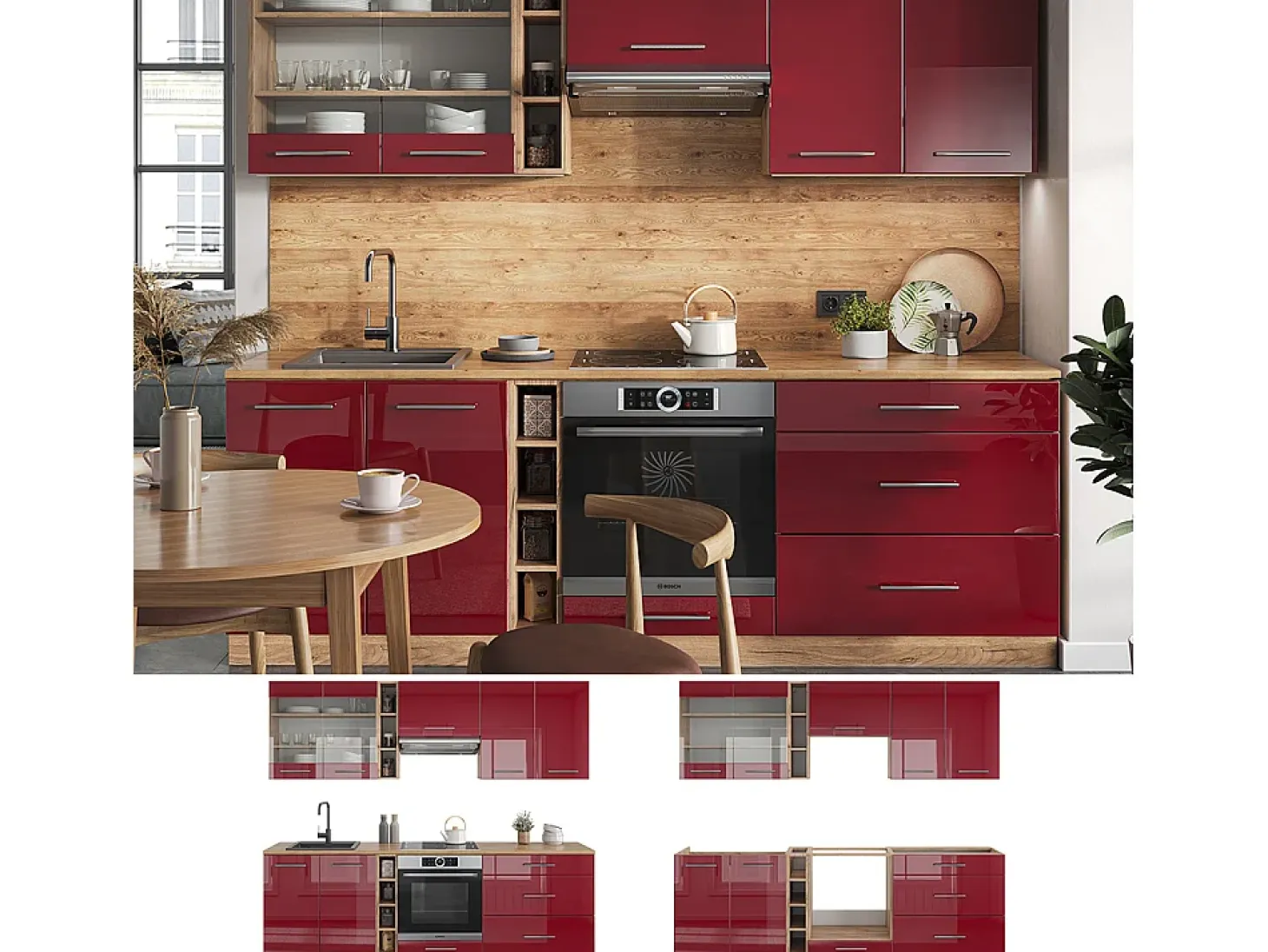 Mueble de cocina burdeos brillo intenso/roble dorado 235x60x81.6 fame-line