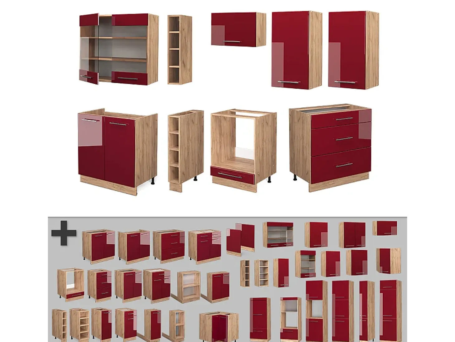 Mueble de cocina burdeos brillo intenso/roble dorado 235x60x81.6 fame-line