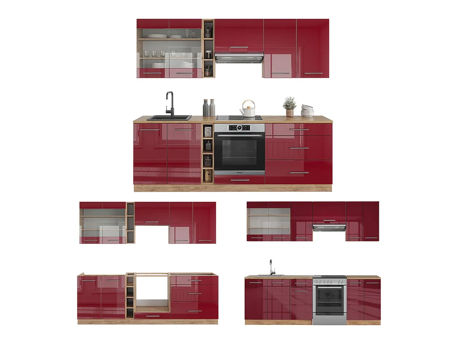 Mueble de cocina burdeos brillo intenso/roble dorado 235x60x81.6 fame-line