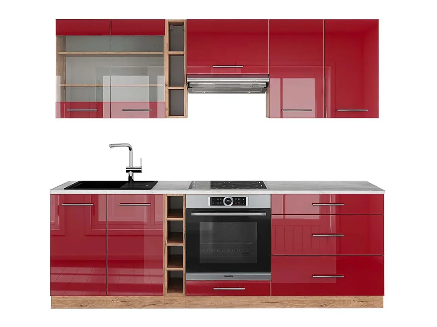 Mueble de cocina burdeos brillo intenso/roble dorado 235x60x81.6 fame-line