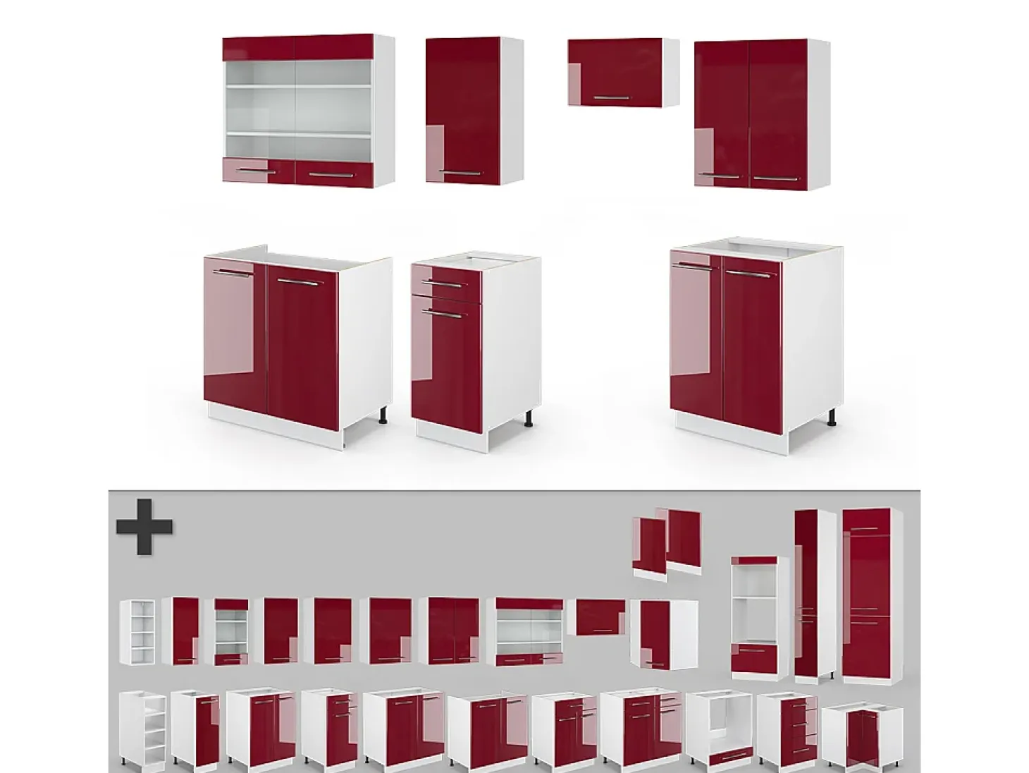Mueble de cocina burdeos brillo intenso/blanco 240x60x81.6 fame-line