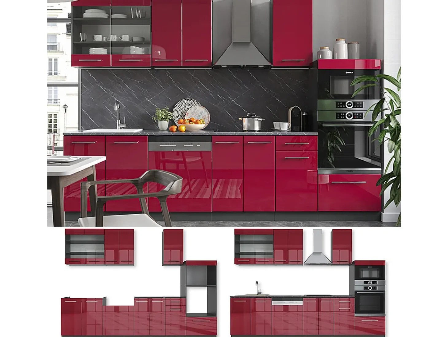 Mueble de cocina burdeos brillo intenso/antracita 300x60x81.6 fame-line