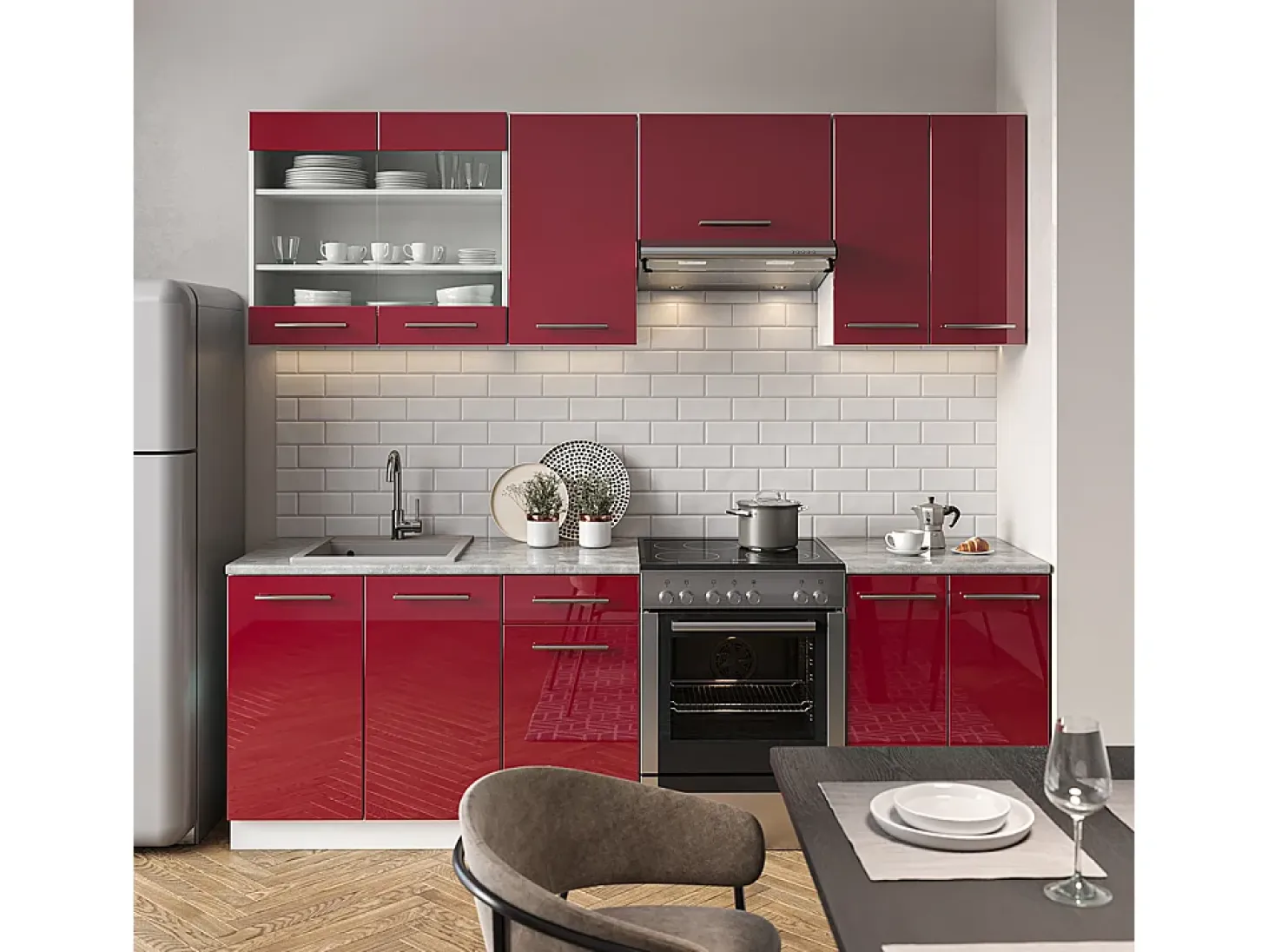 Mueble de cocina burdeos brillo intenso/blanco 240x60x81.6 fame-line
