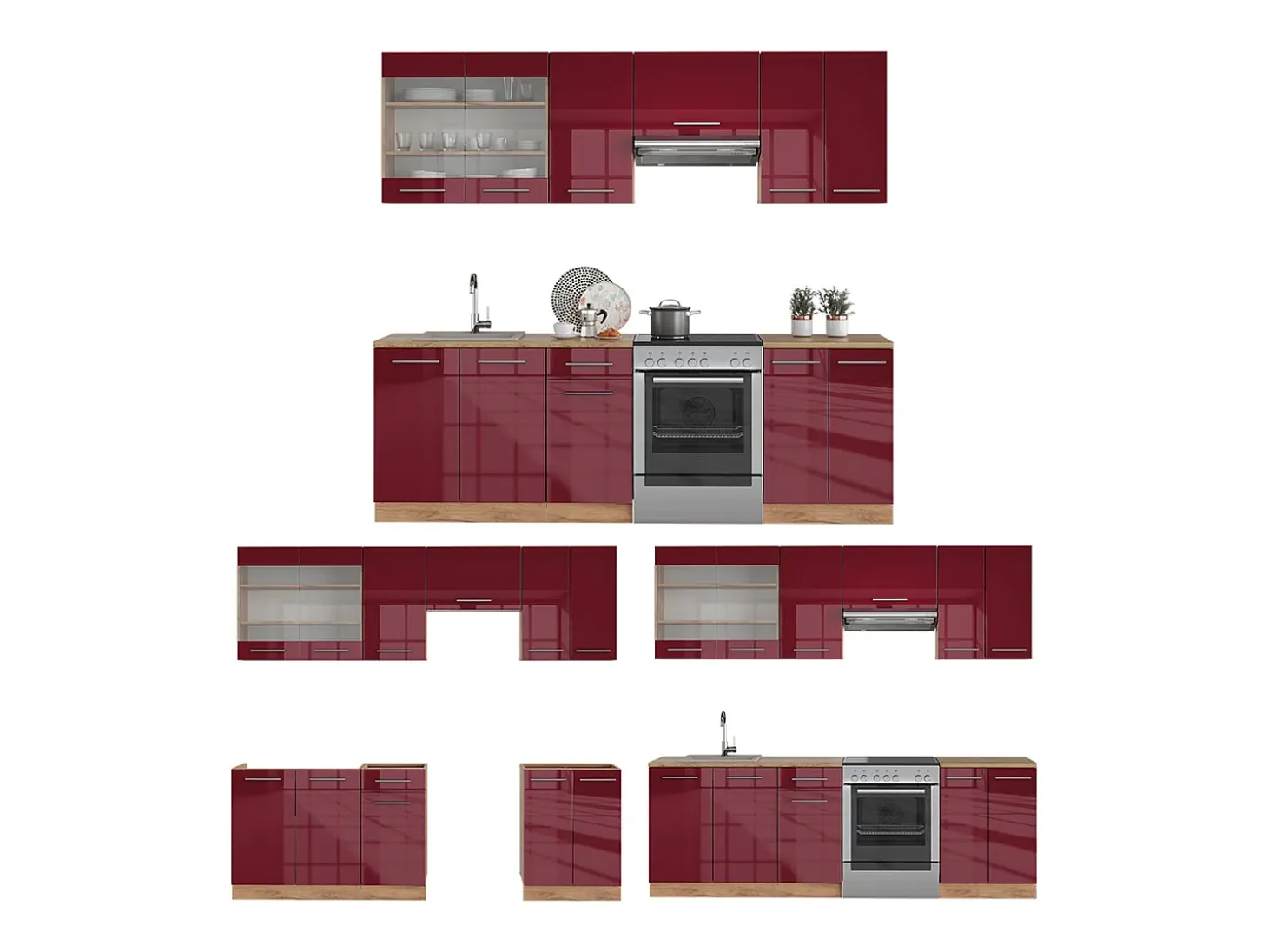 Mueble de cocina burdeos brillo intenso/roble dorado 240x60x81.6 fame-line