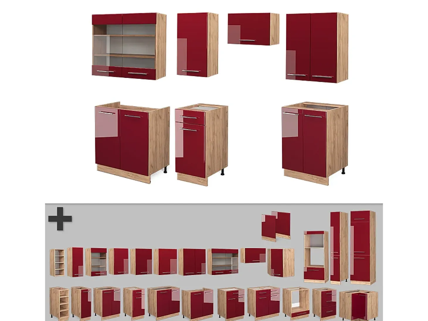 Mueble de cocina burdeos brillo intenso/roble dorado 240x60x81.6 fame-line