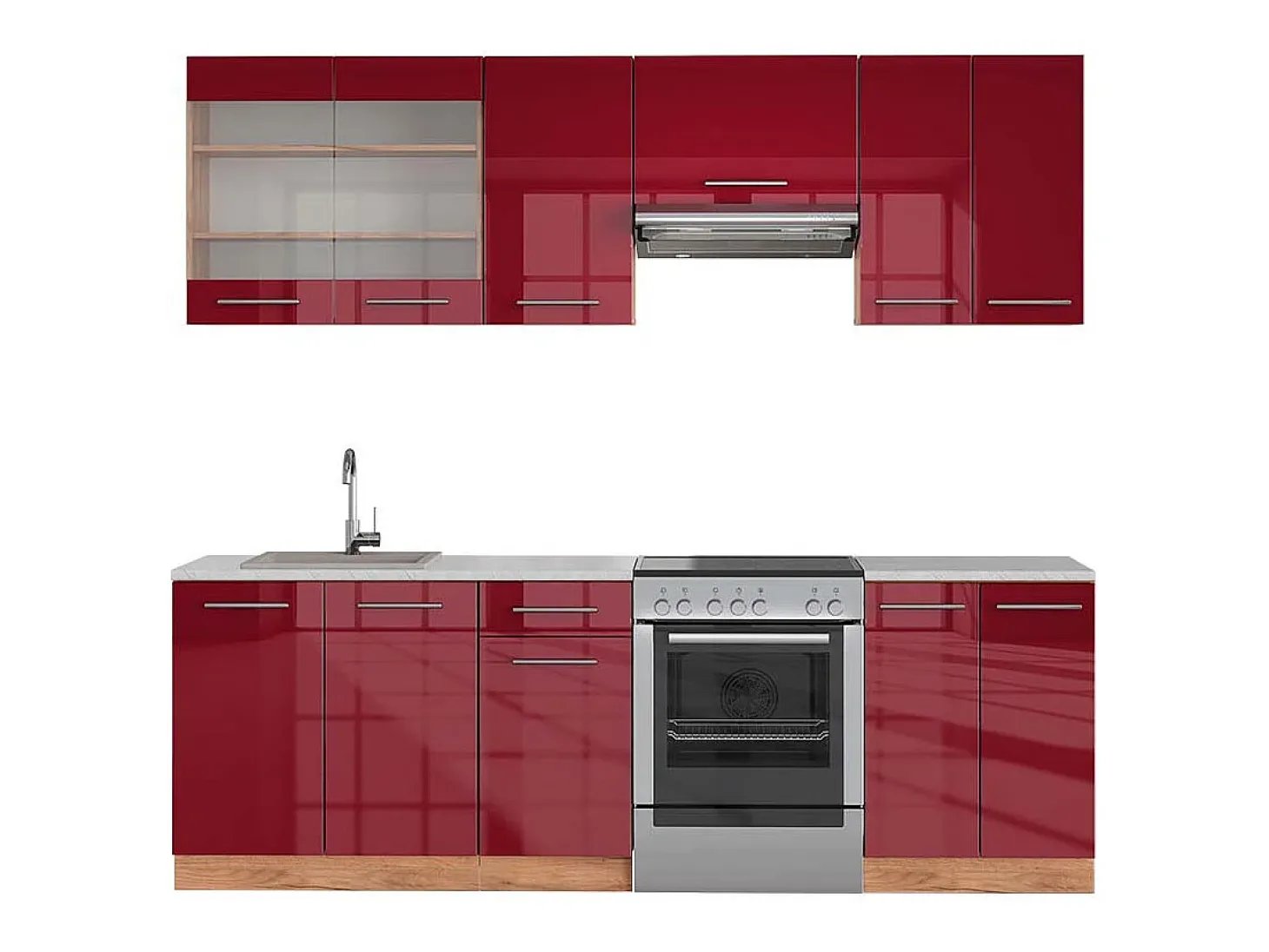 Mueble de cocina burdeos brillo intenso/roble dorado 240x60x81.6 fame-line