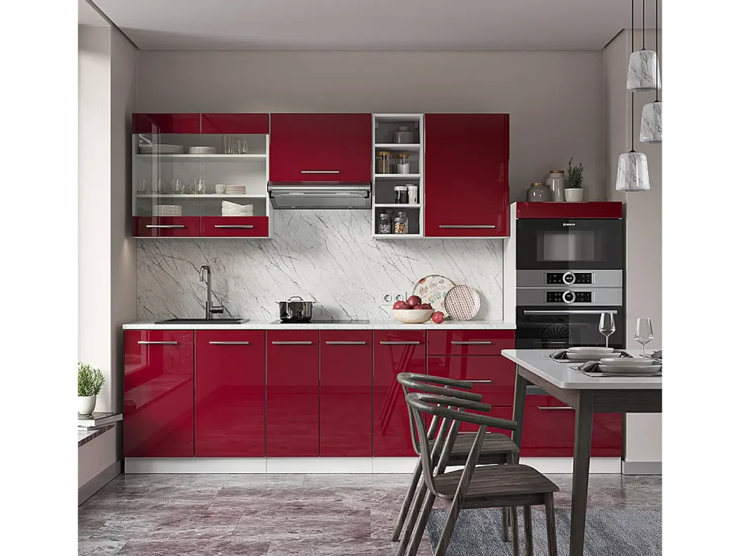 Mueble de cocina burdeos brillo intenso/blanco 280x60x81.6 fame-line