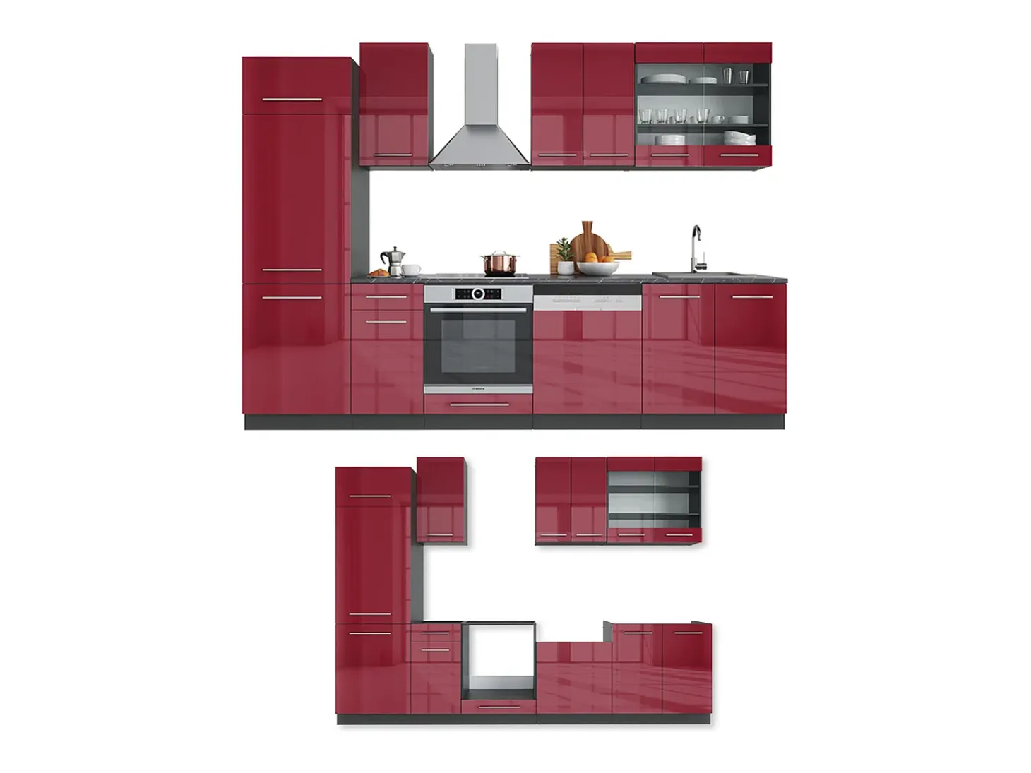 Mueble de cocina burdeos brillo intenso/antracita 300x46x81.6 fame-line