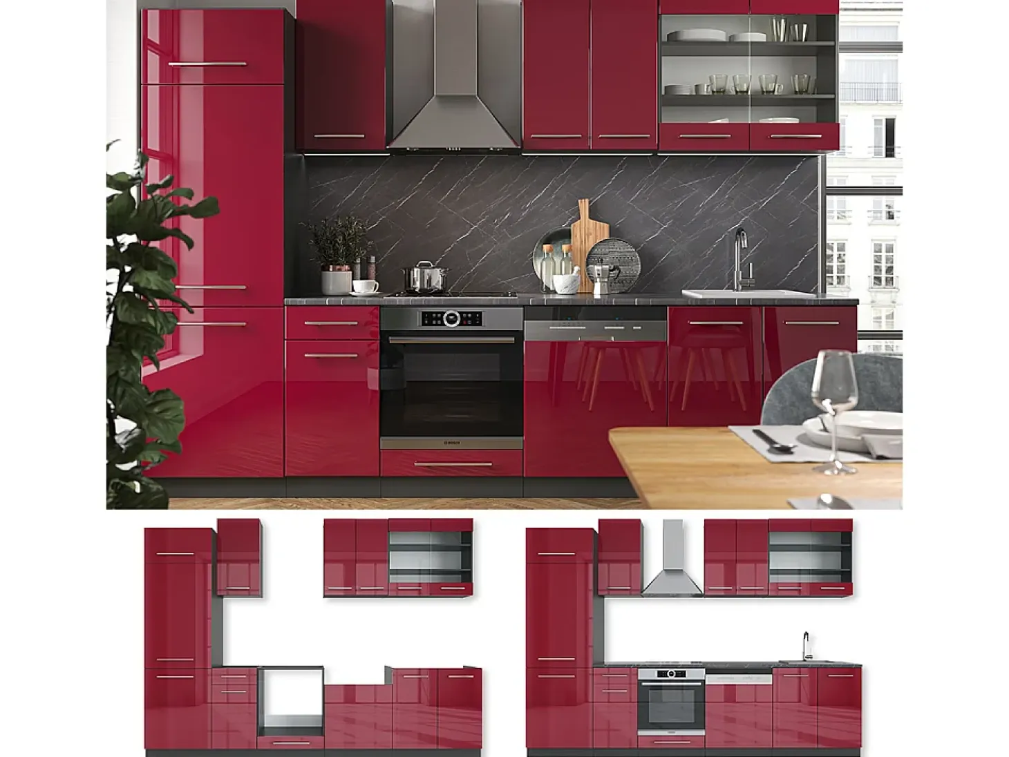 Mueble de cocina burdeos brillo intenso/antracita 300x46x81.6 fame-line